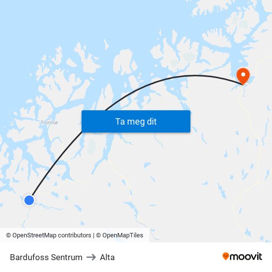 Bardufoss Sentrum to Alta map