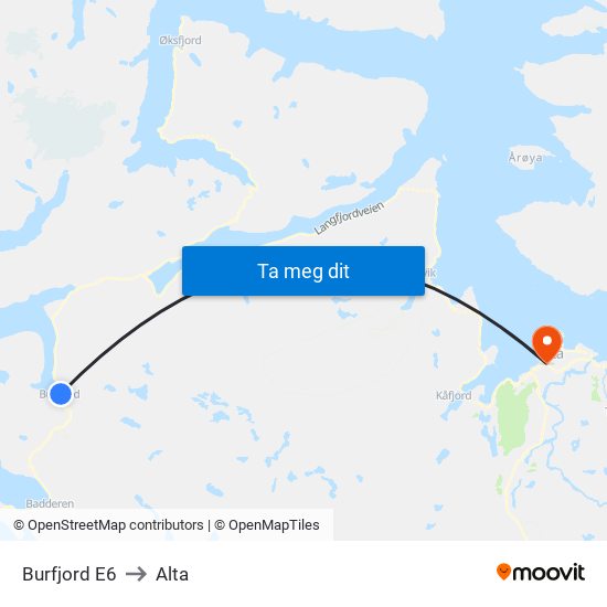 Burfjord E6 to Alta map