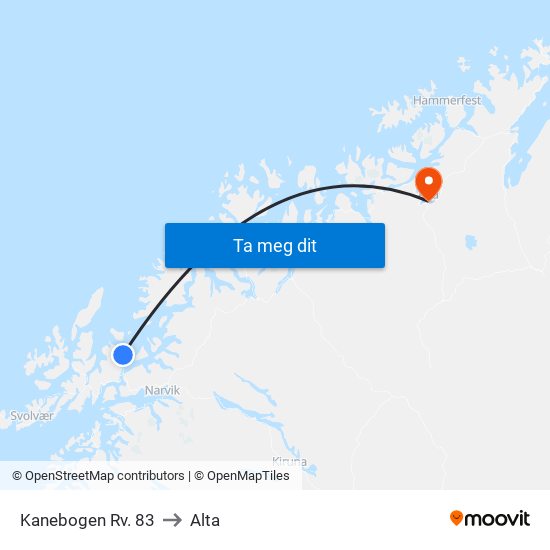 Kanebogen Rv. 83 to Alta map