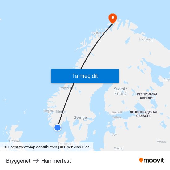 Bryggeriet to Hammerfest map