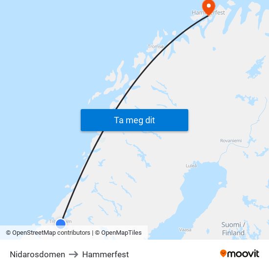 Nidarosdomen to Hammerfest map