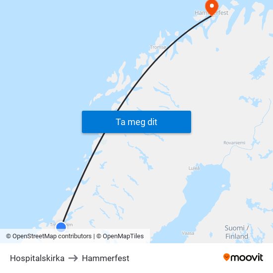 Hospitalskirka to Hammerfest map