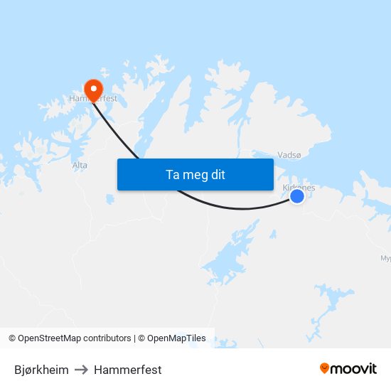 Bjørkheim to Hammerfest map
