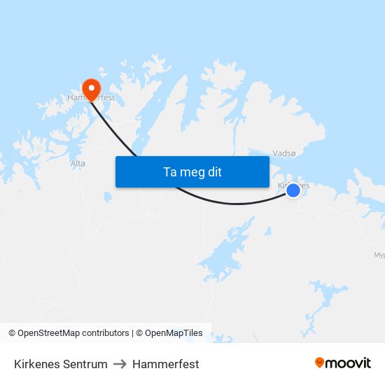 Kirkenes Sentrum to Hammerfest map