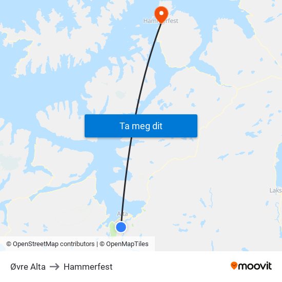Øvre Alta to Hammerfest map