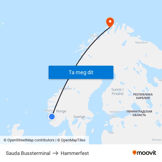Sauda Bussterminal to Hammerfest map