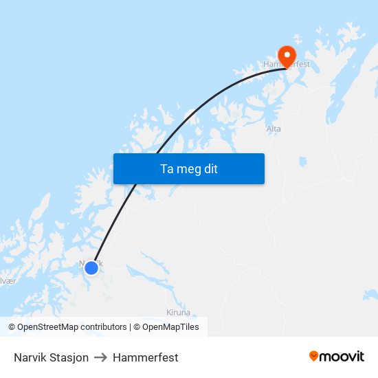 Narvik Stasjon to Hammerfest map