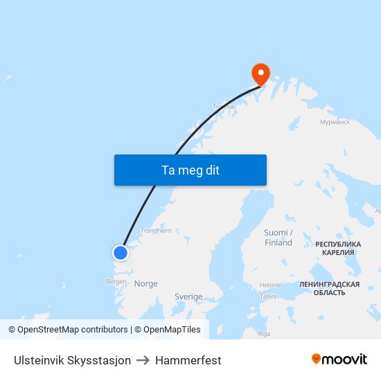 Ulsteinvik Skysstasjon to Hammerfest map