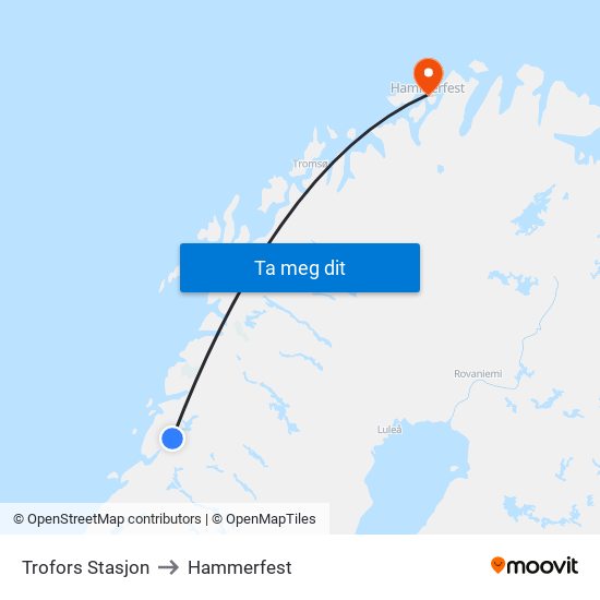Trofors Stasjon to Hammerfest map