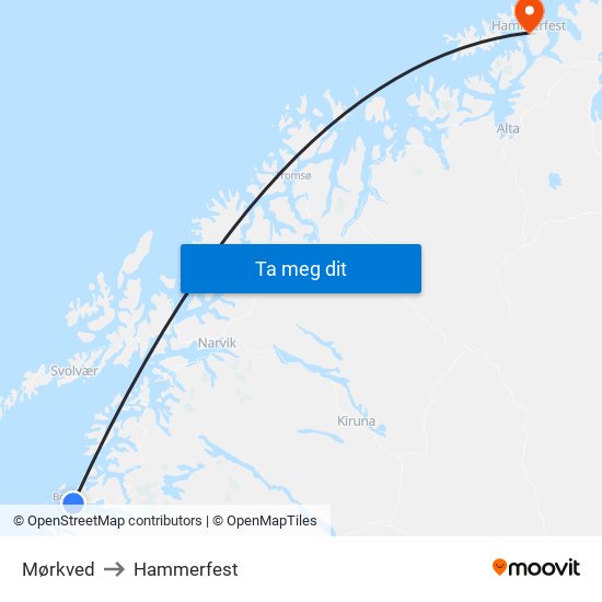 Mørkved to Hammerfest map