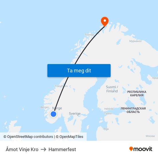 Åmot Vinje Kro to Hammerfest map