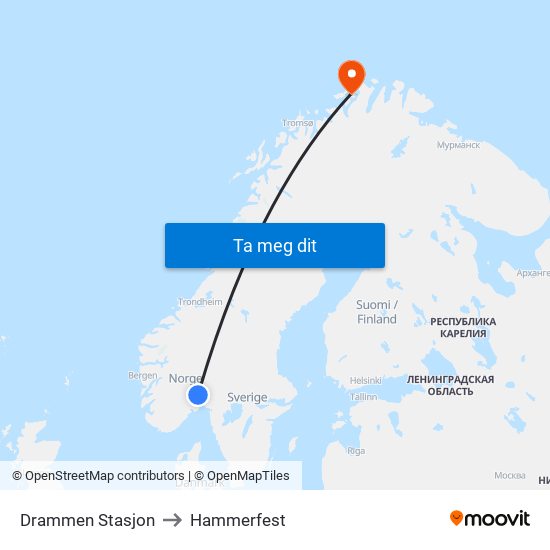 Drammen Stasjon to Hammerfest map