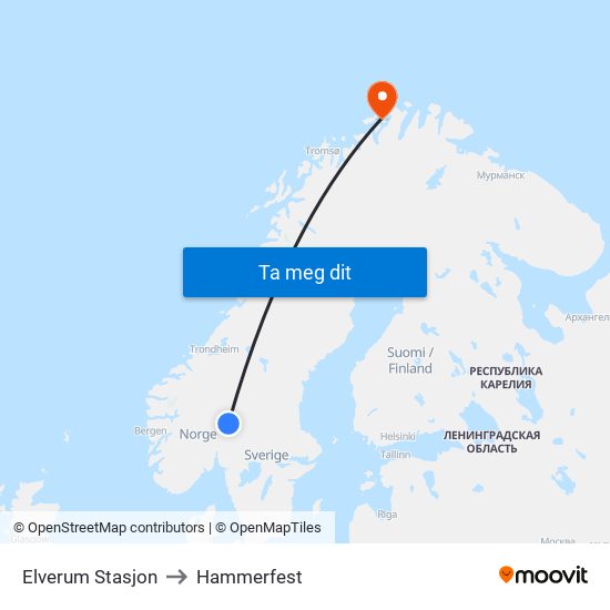 Elverum Stasjon to Hammerfest map