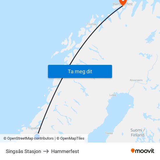 Singsås Stasjon to Hammerfest map