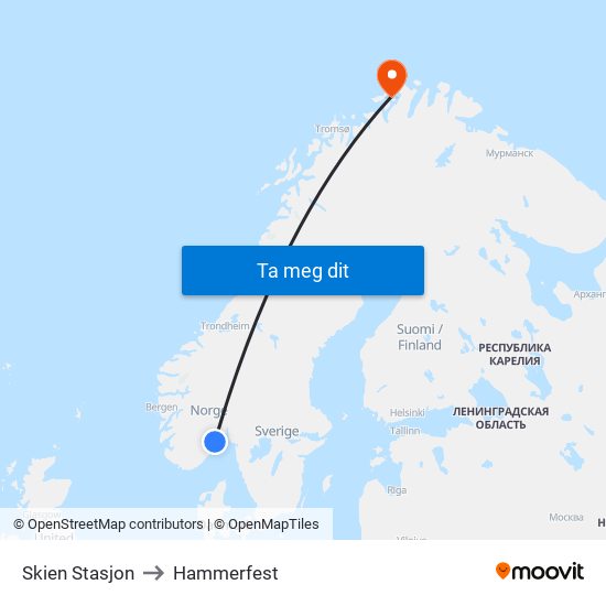 Skien Stasjon to Hammerfest map