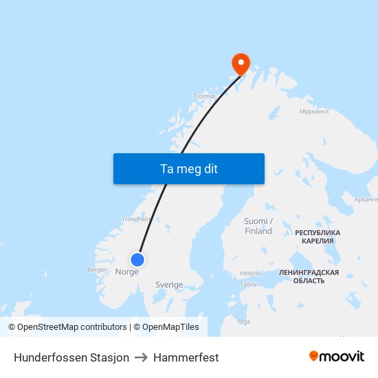 Hunderfossen Stasjon to Hammerfest map