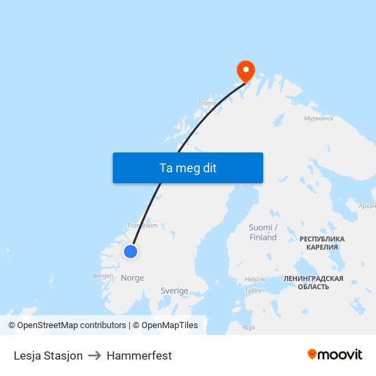 Lesja Stasjon to Hammerfest map