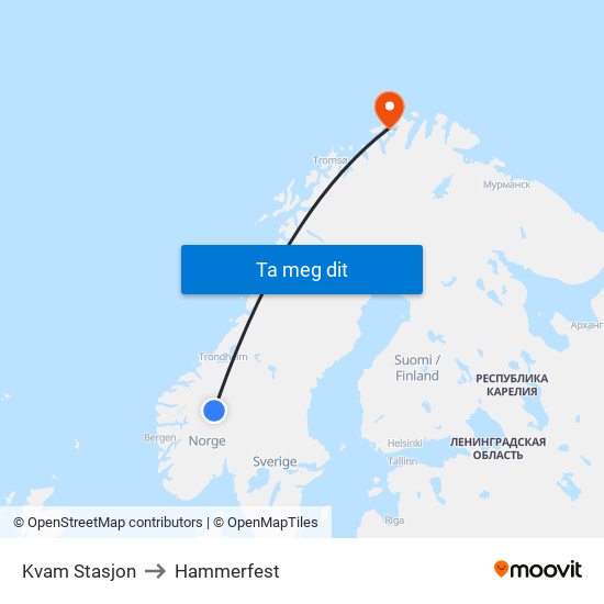 Kvam Stasjon to Hammerfest map