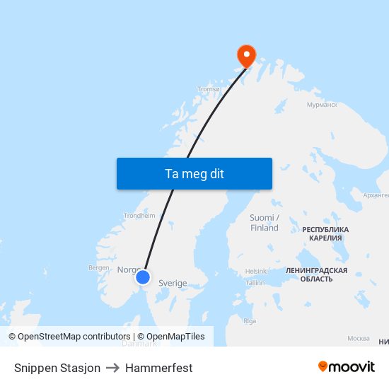 Snippen Stasjon to Hammerfest map