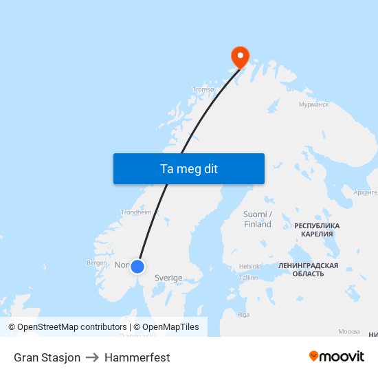 Gran Stasjon to Hammerfest map