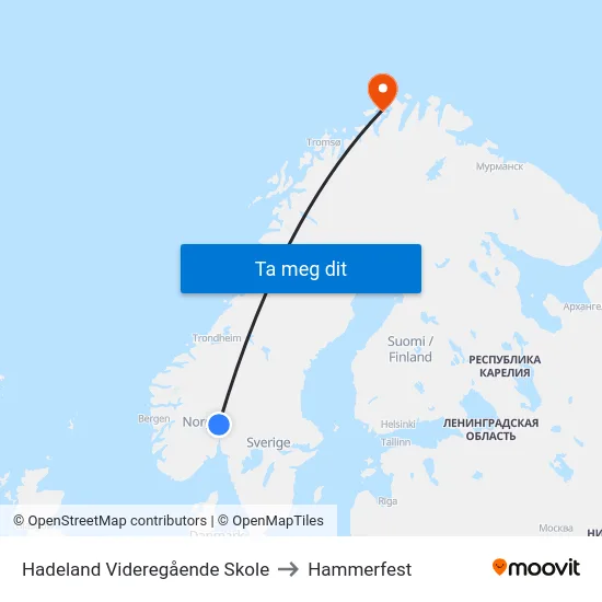 Hadeland Videregående Skole to Hammerfest map