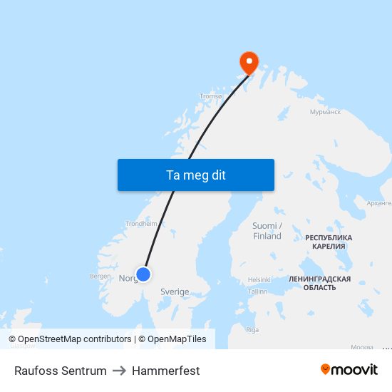 Raufoss Sentrum to Hammerfest map