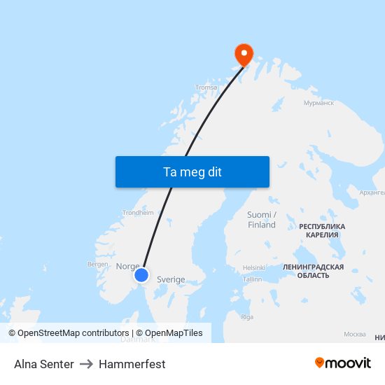 Alna Senter to Hammerfest map