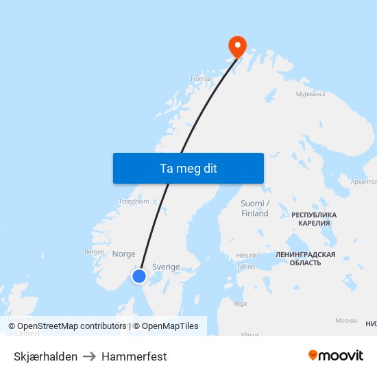 Skjærhalden to Hammerfest map