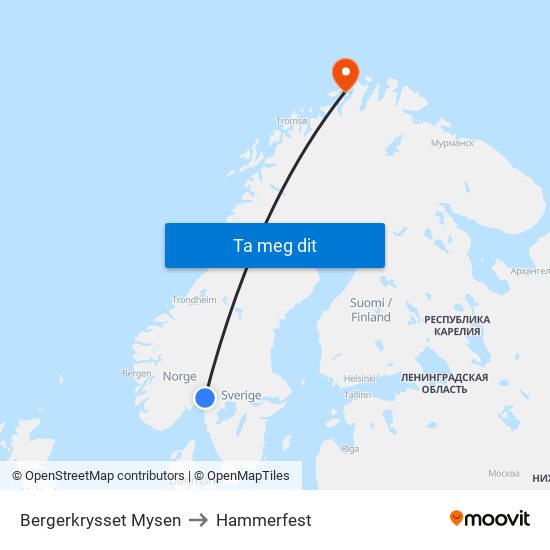 Bergerkrysset Mysen to Hammerfest map