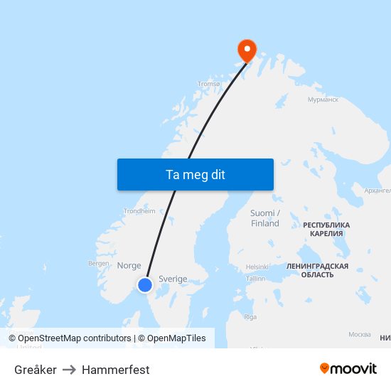 Greåker to Hammerfest map