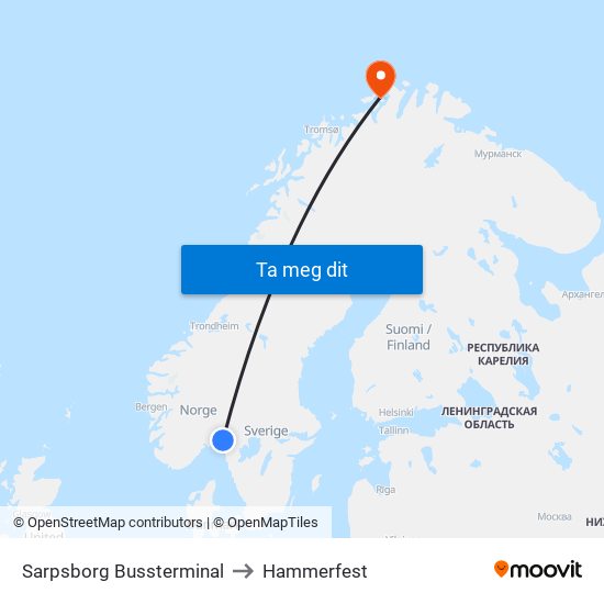 Sarpsborg Bussterminal to Hammerfest map