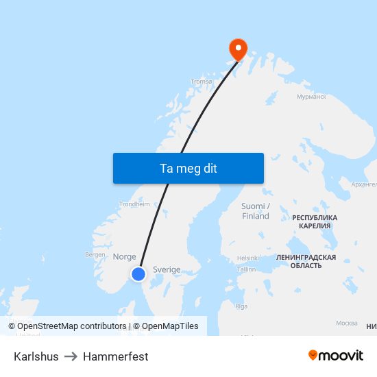 Karlshus to Hammerfest map