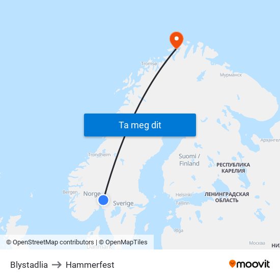 Blystadlia to Hammerfest map