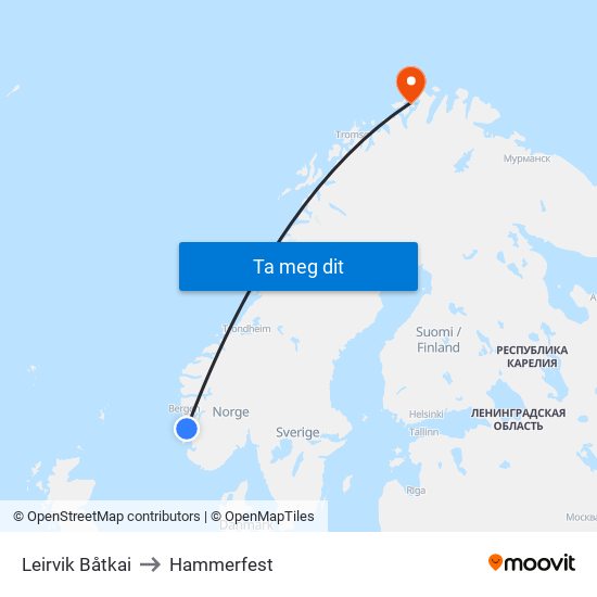 Leirvik Båtkai to Hammerfest map