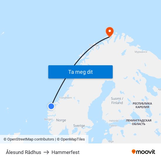 Ålesund Rådhus to Hammerfest map