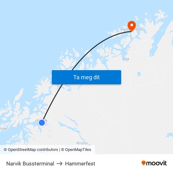 Narvik Bussterminal to Hammerfest map