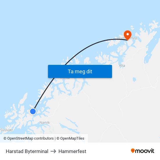 Harstad Byterminal to Hammerfest map