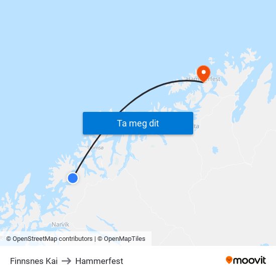 Finnsnes Kai to Hammerfest map