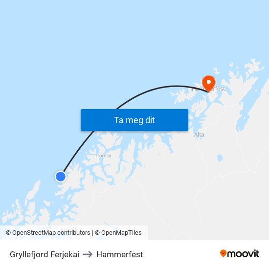 Gryllefjord Ferjekai to Hammerfest map