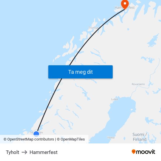 Tyholt to Hammerfest map