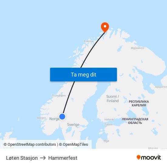 Løten Stasjon to Hammerfest map