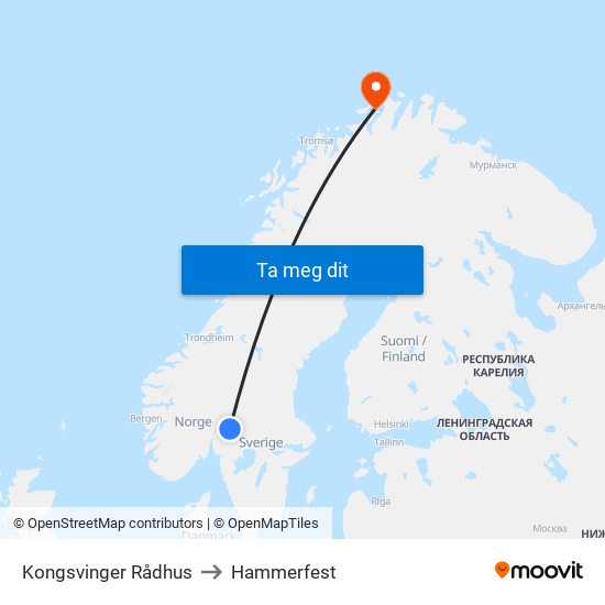 Kongsvinger Rådhus to Hammerfest map