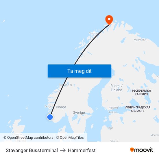 Stavanger Bussterminal to Hammerfest map