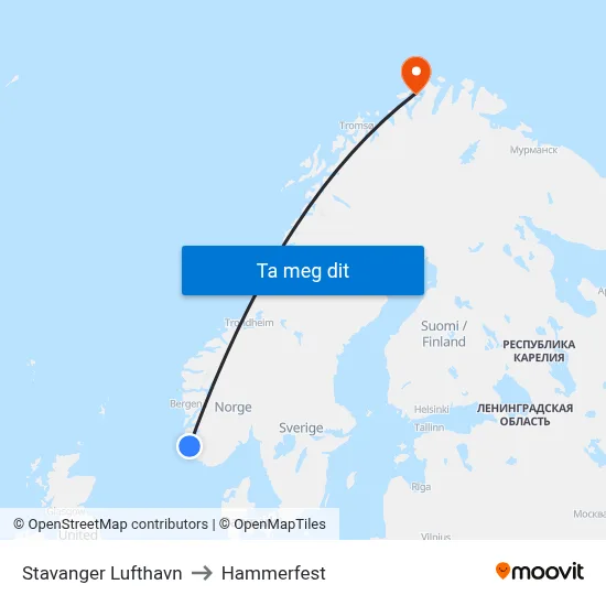 Stavanger Lufthavn to Hammerfest map