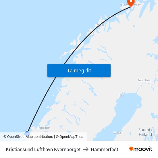 Kristiansund Lufthavn Kvernberget to Hammerfest map