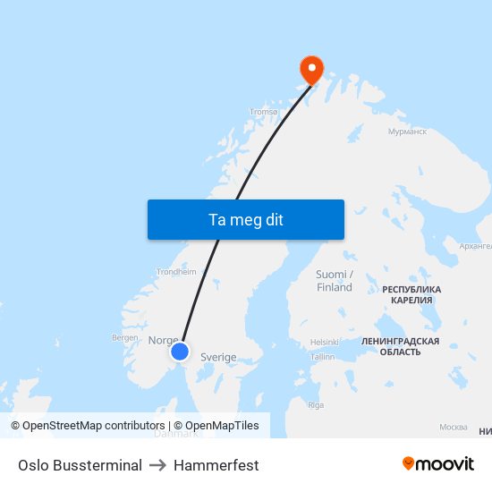 Oslo Bussterminal to Hammerfest map