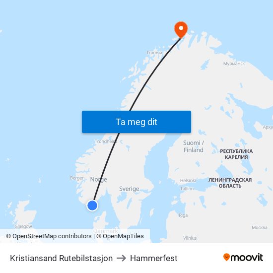 Kristiansand Rutebilstasjon to Hammerfest map