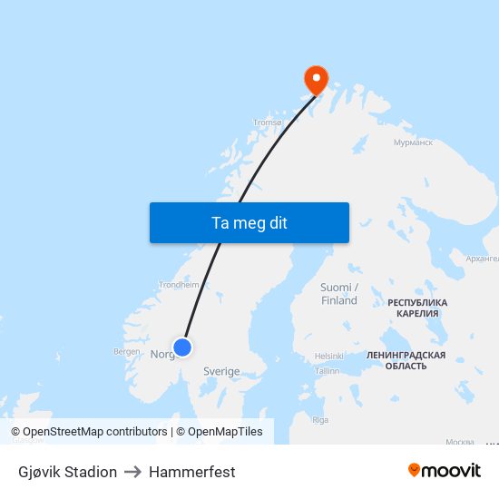 Gjøvik Stadion to Hammerfest map