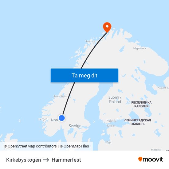 Kirkebyskogen to Hammerfest map