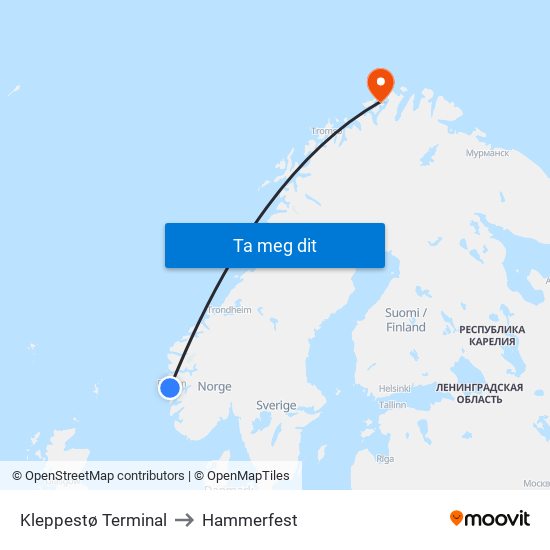 Kleppestø Terminal to Hammerfest map